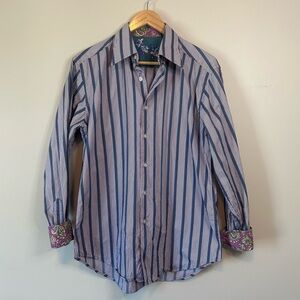 Robert Graham Blue Stripe Embroidered Patch Silk Trim Dress Shirt Size Medium